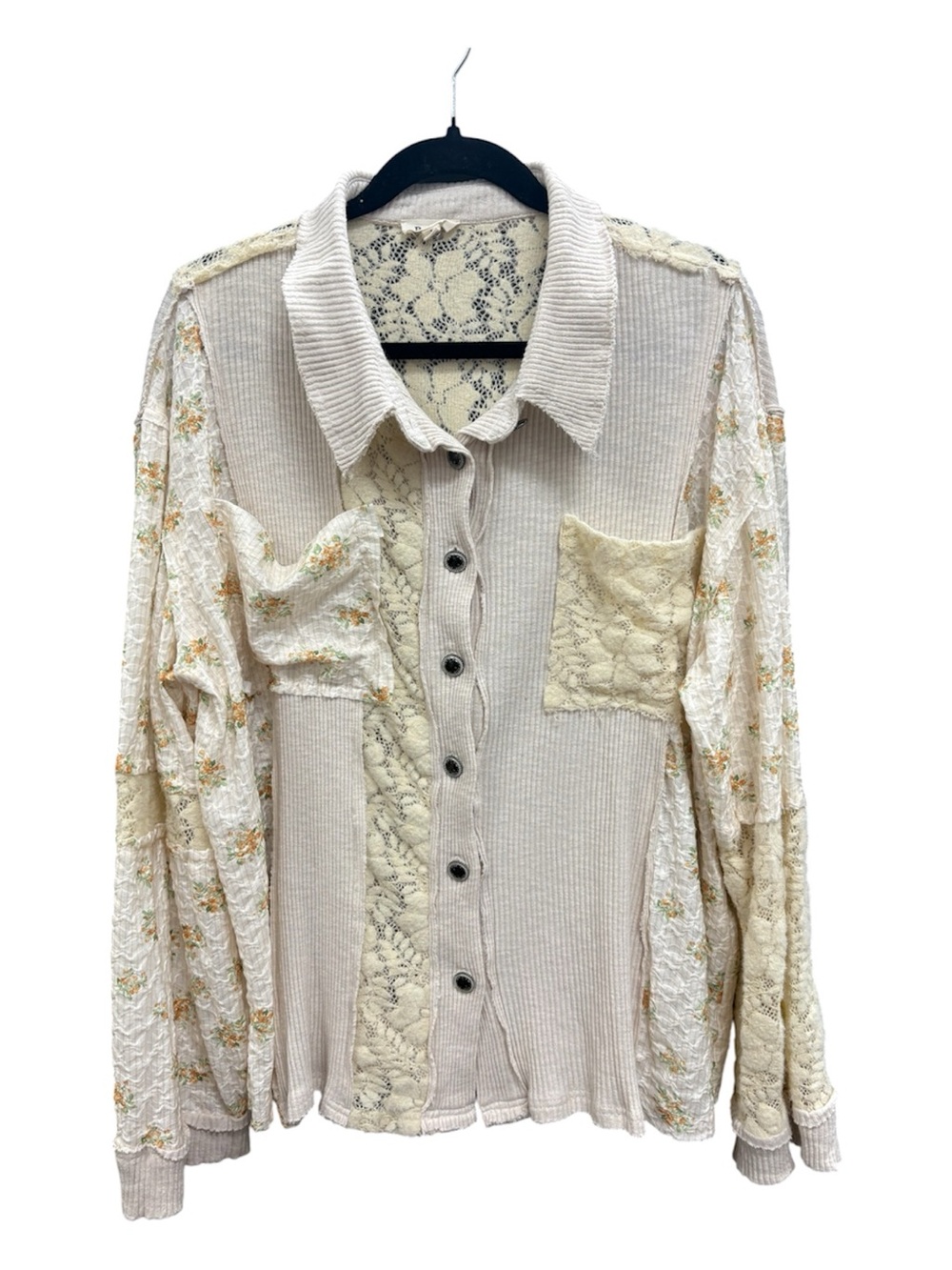 POL Cream Lace-Panel Button Down Top with Floral Sleeves